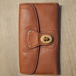 Coach Brown Leather Wallet W/Turn Peg Closure 8” X 4”